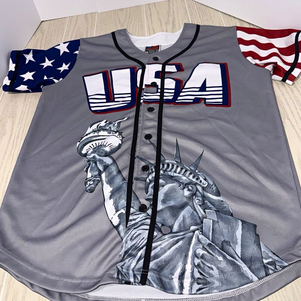 Greater Half Men's M Gray Button-Front Baseball Jersey USA Flag Graphic Print